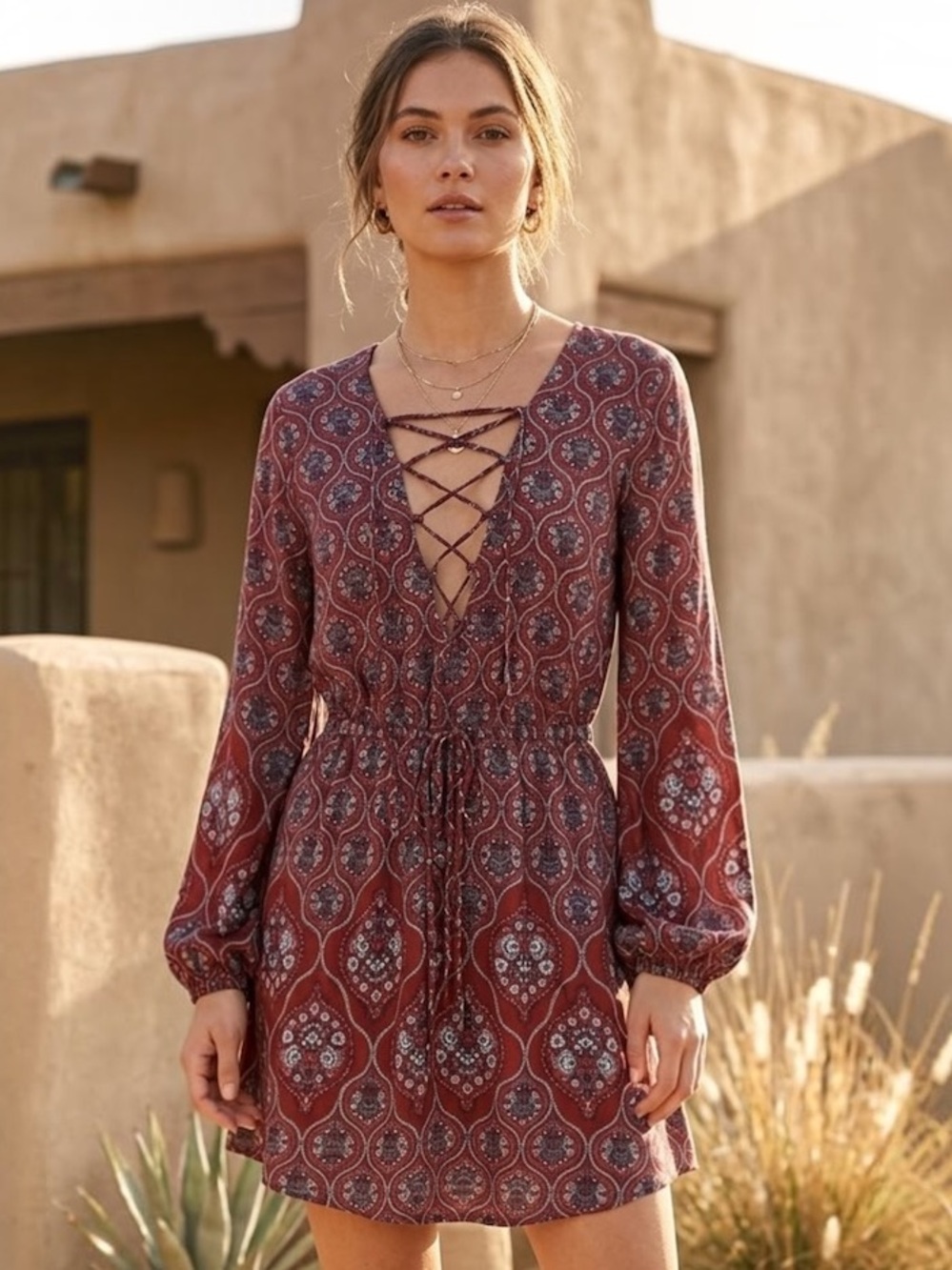 Cotton Candy Red Paisley Lace Up Mini Dress Boho Long Sleeve Size S